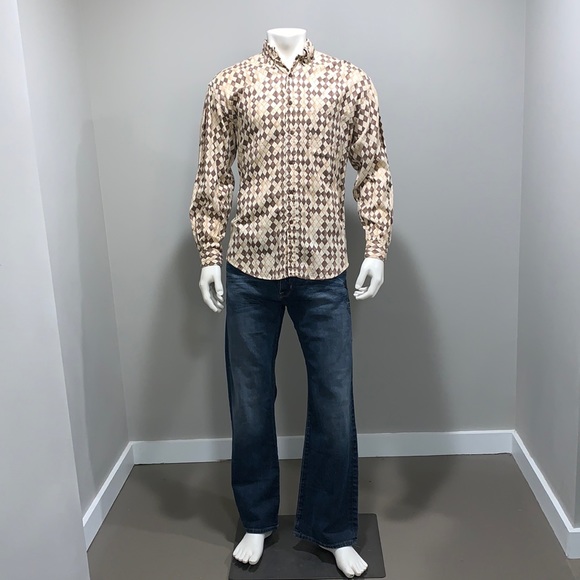 Perry Ellis Button Down Long Sleeve Shirt, Tan, Brown and Cream color - Picture 4 of 8